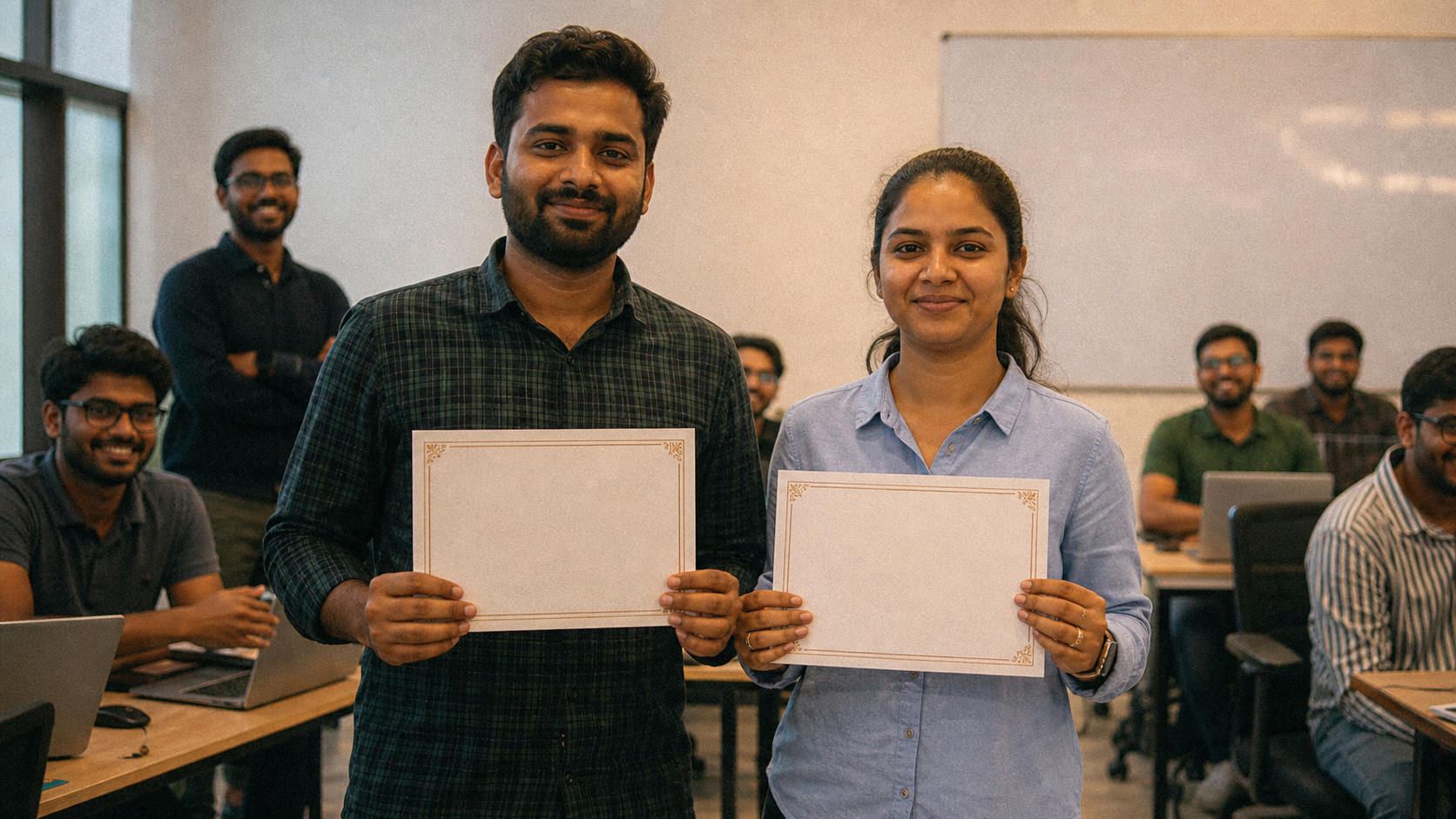 Illustration of learners holding course certificates